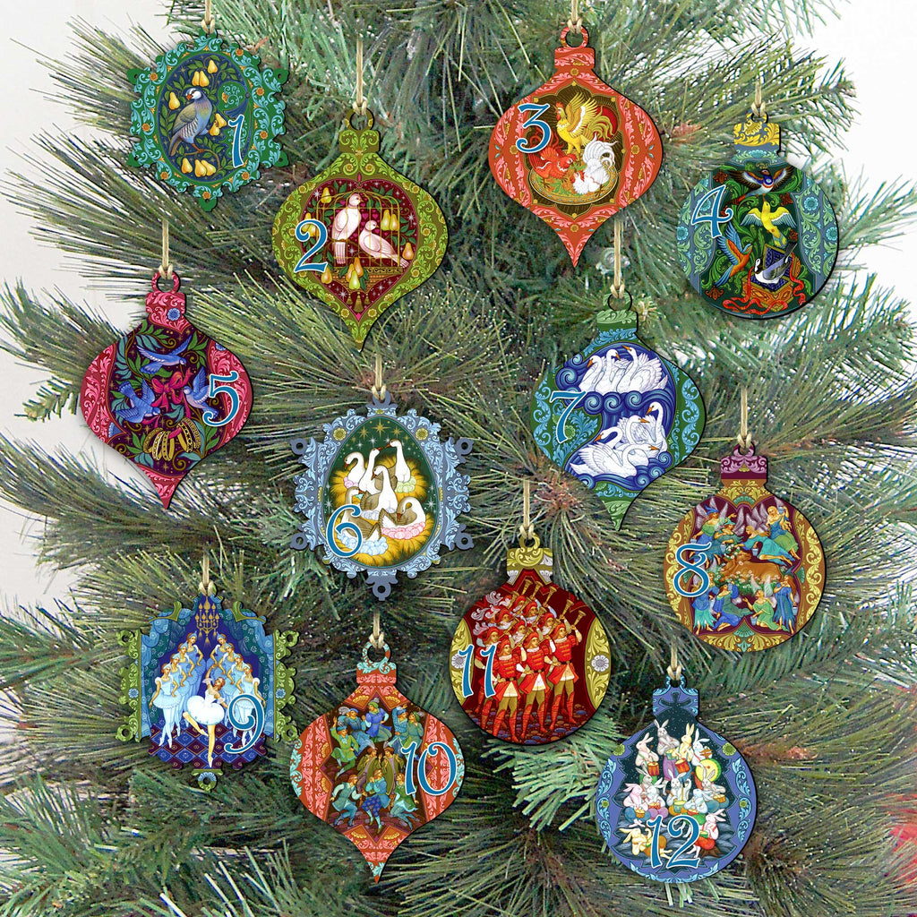 A collection of colorful and ornate Christmas ornaments hanging on a pine tree.