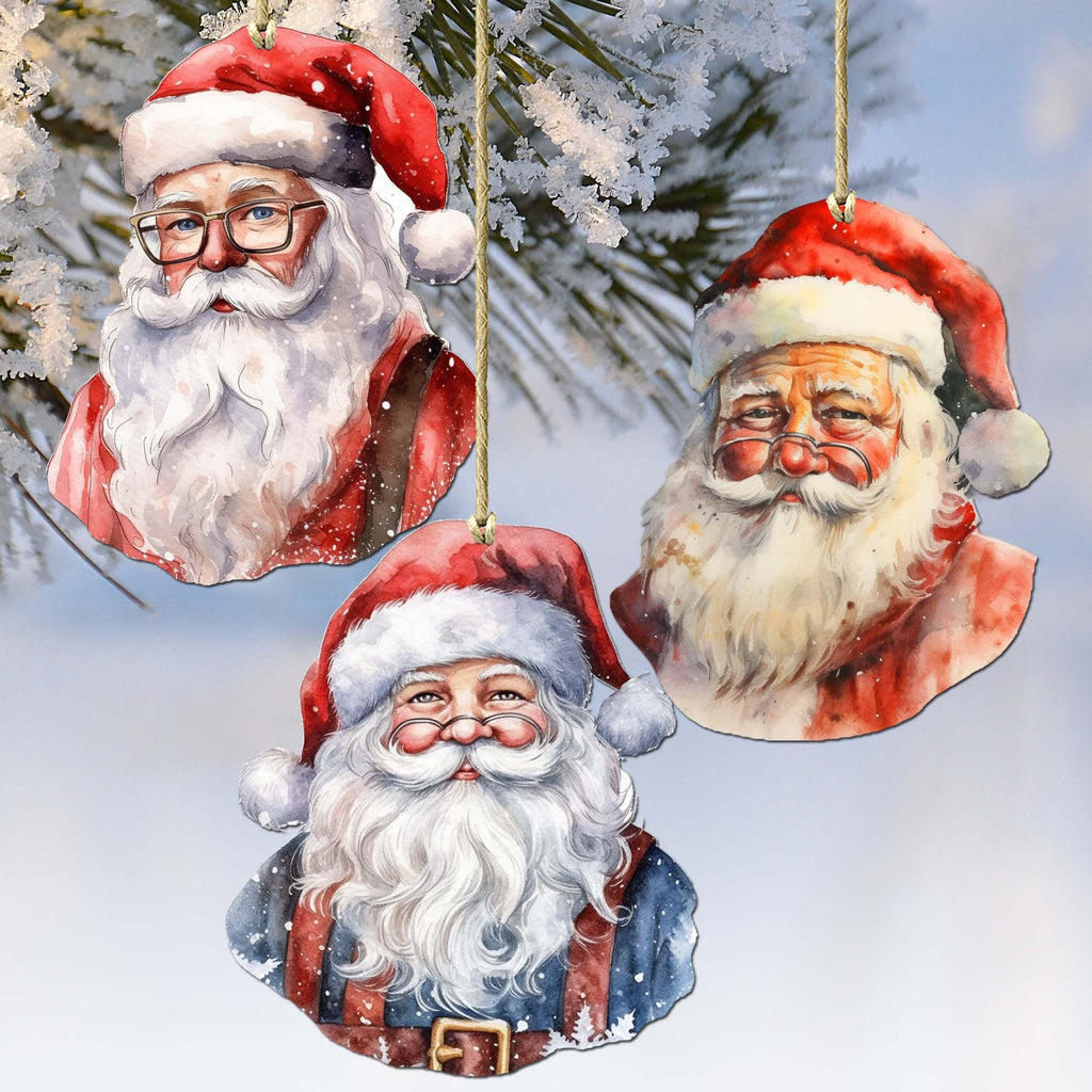 Jolly Santa Faces Decorative Eco Wood Ornaments Set of 3 by G. Debrekht - Christmas Decor - 8091045-S3