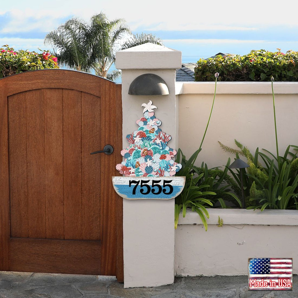 Coastal Tree Boat Personalized House Number Sign by G. Debrekht - Coastal Sea-Life Decor - Handcrafted Wooden Address Sign - MA81931492