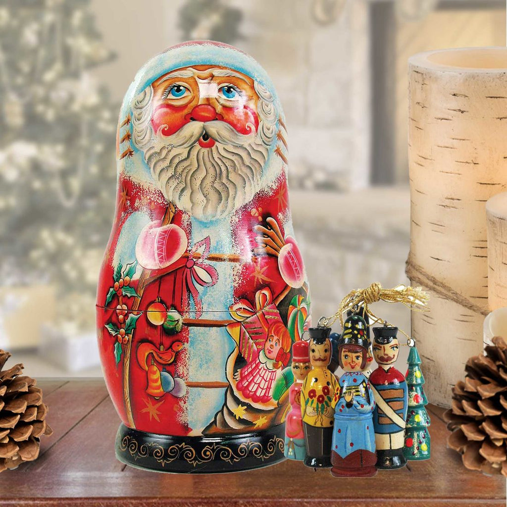 Toy Bag Santa Hand-Painted Doll with Set of Wooden Ornaments by G. DeBrekht - Christmas Santa Snowman Decor - 110712