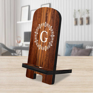 Personalized Cell Phone Stand Circle Boarder Letter Monogram Phone Stand Wood Stand Mobile Tablet Holder Charging Station Organizer - 892013P