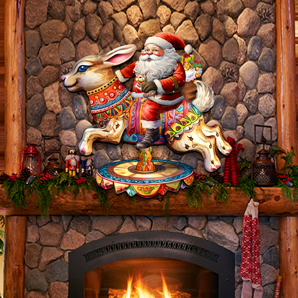 Santa Claus on Bunny Carousel Holiday Door Decor by G. Debrekht - Christmas Santa Snowman Decor - 8611067H