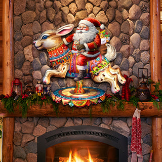 Santa Claus on Bunny Carousel Holiday Door Decor by G. Debrekht - Christmas Santa Snowman Decor - 8611067H