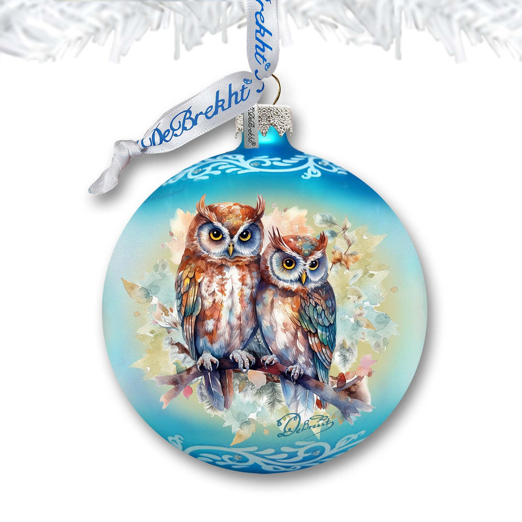 A Love for All Seasons: Wild Owls Ball Glass Ornament by G. Debrekht - Wildlife Holiday Decor - 73384