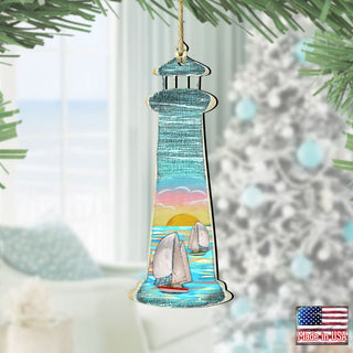 Lighthouse Palm Tree Wooden Ornaments by G. DeBrekht - Coastal Holiday Decor - 8198526