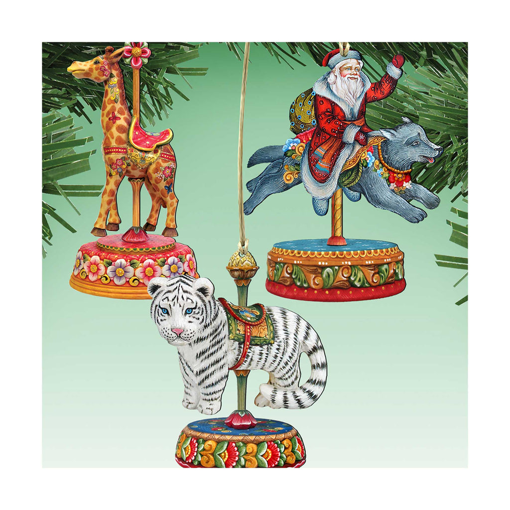 a collection of colorful and whimsical ornaments, including a giraffe, a carousel figure, a tiger, and a Santa Claus figure, all hanging from a tree branch.