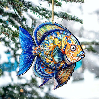 Wooden Christmas Tree Decorations - Blue Fish Wooden Ornaments by G.Debrekht Coastal Holiday Decor - 8688301