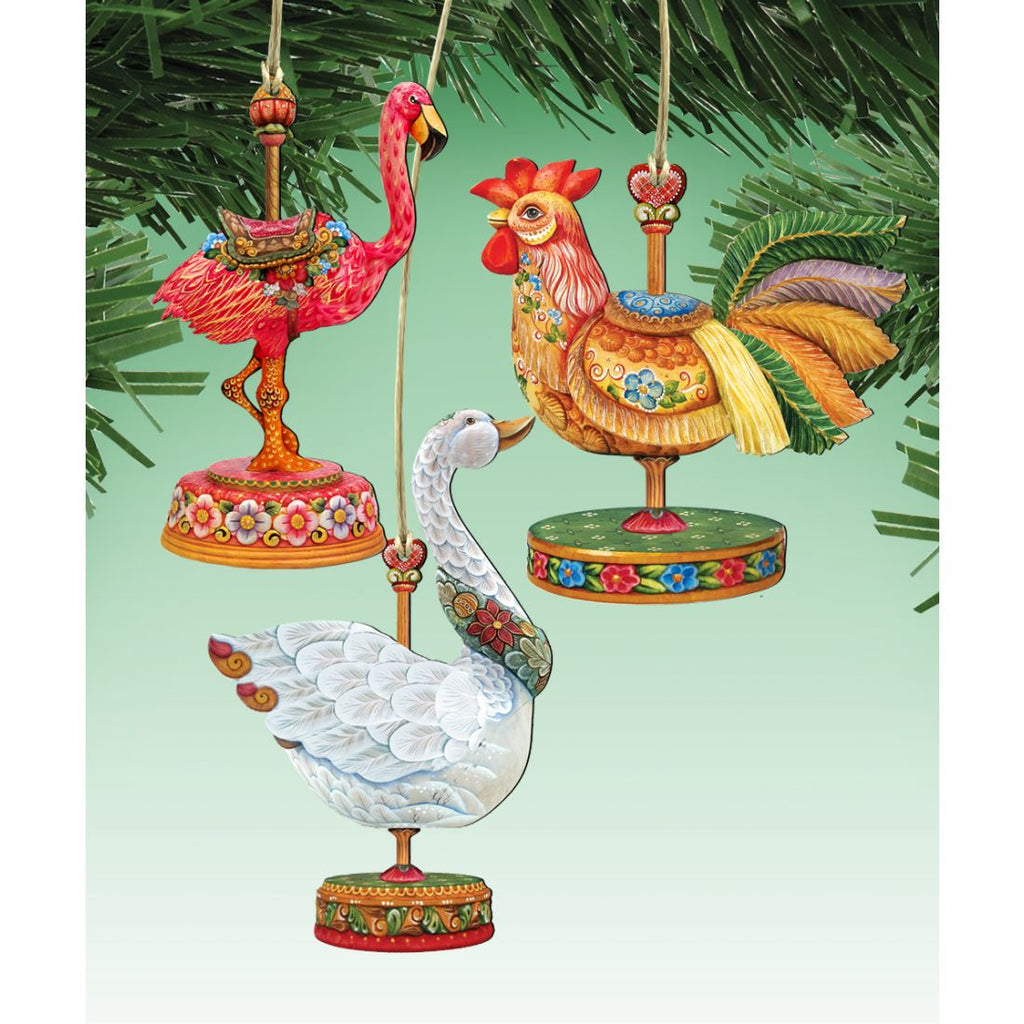 Carousel Wooden Ornaments Rooster, Goose, Flamingo Set of 3 by G. DeBrekht - Christmas Decor - 8100088S3