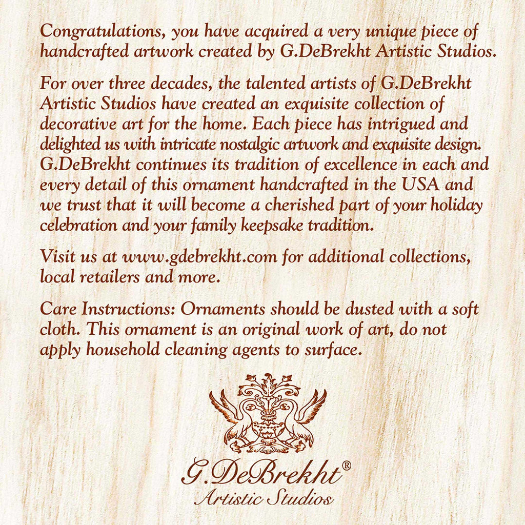 The image is a page from a website that features a collection of handcrafted artworks created by G.Debrekht Artistic Studios. The text provides information about the artworks, including that they are original works of art and should be dusted with a soft cloth. The website is www.gdebrekht.com.