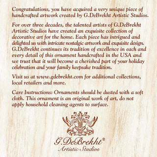The image is a page from a website that features a collection of handcrafted artworks created by G.Debrekht Artistic Studios. The text provides information about the artworks, including that they are original works of art and should be dusted with a soft cloth. The website is www.gdebrekht.com.
