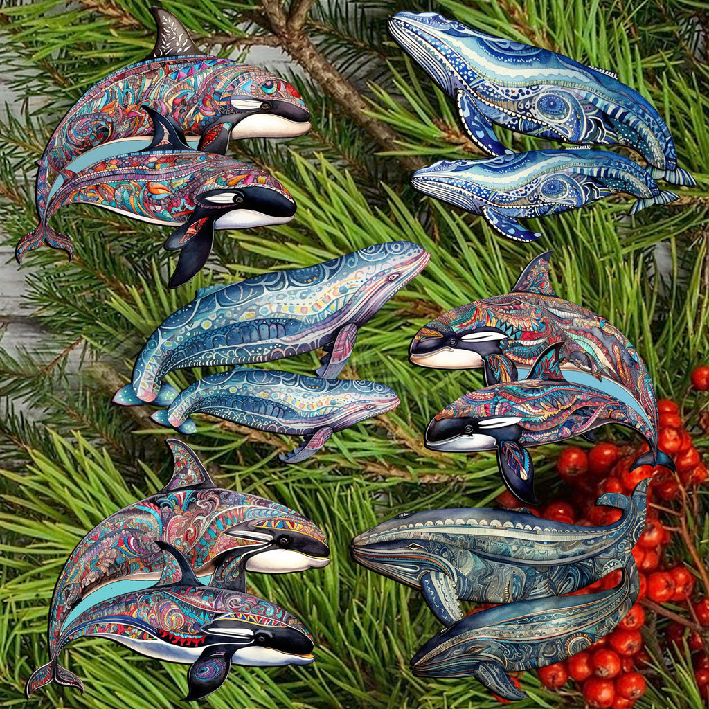 Embracing Whales Clip-On Eco Wood Decorative Ornaments Set of 6 by G. Debrekht - Wildlife Decor - 8090107C-S6