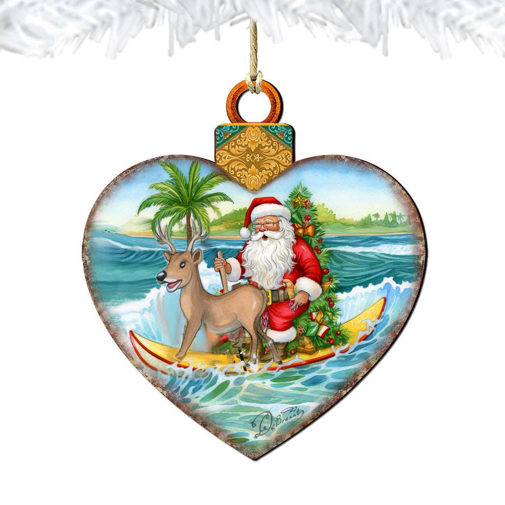 Wooden Christmas Ornaments - Surfing Santa Heart Wooden Ornaments by G.Debrekht - Coastal Holiday Decor - 8688174