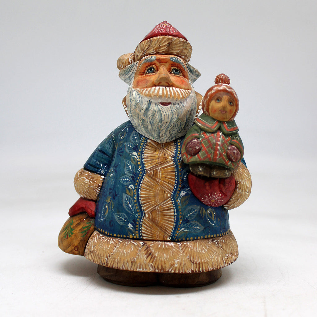 One-of-a-Kind Santa with Girl WOODCARVED Figurine 5.5x4x2.5