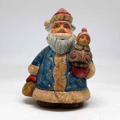 One-of-a-Kind Santa with Girl WOODCARVED Figurine 5.5x4x2.5