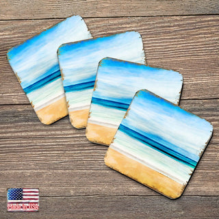 Beach Coastal Wooden Cork Coasters Gift Set of 4 by Nature Wonders - Coastal Sea-Life Decor - 95226C-S4