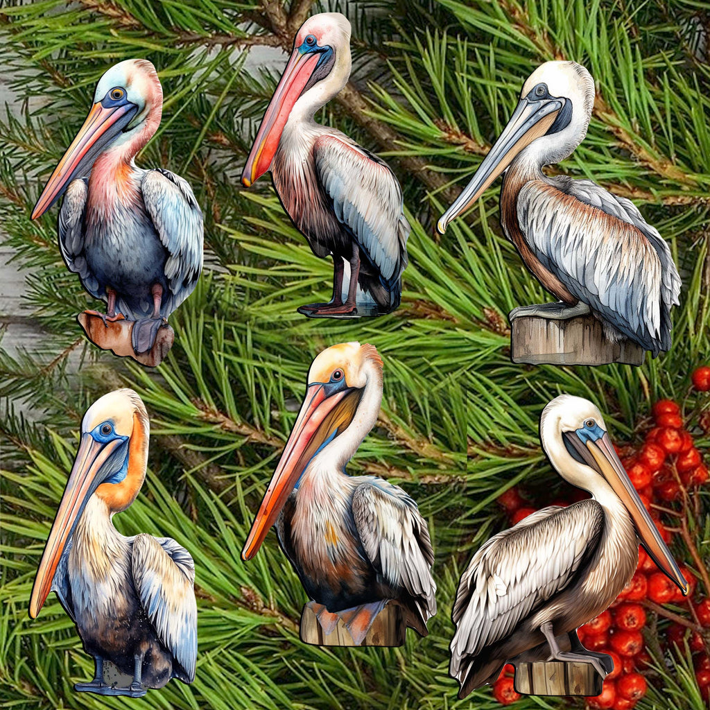 Pelicans Clip-On Eco Wood Decorative Ornaments Set of 6 by G. Debrekht - Christmas Decor - 8090014C-S6