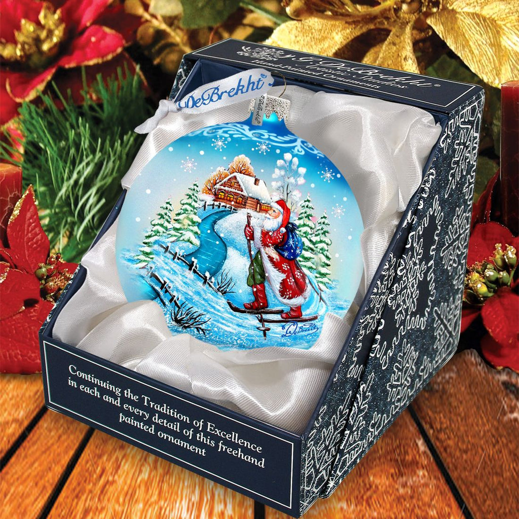 Skiing Through the Snow Glass Ornament by G. DeBrekht - Christmas Santa Snowman Decor - 73362