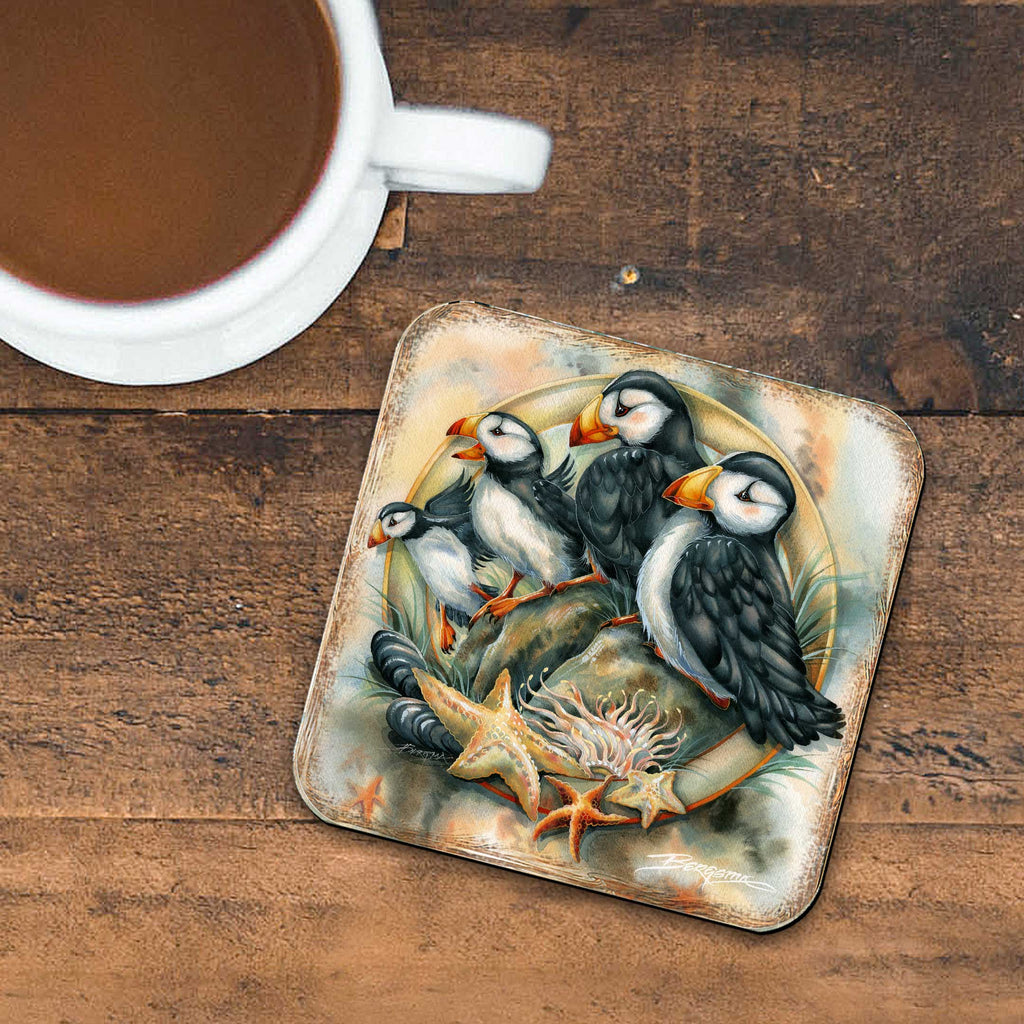 Puffins Wooden Cork Coasters Gift Set of 4 by J. Bergsma - Coastal Wildlife Decor - 8199462C-S4