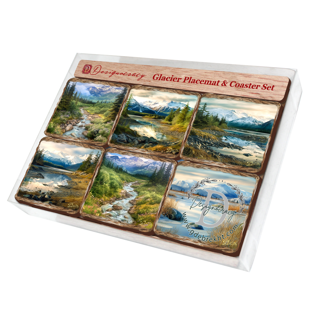 Mountain River Wooden Cork Placemat and Coasters Gift Set of 7 by Nature Wonders Nature Wildlife Decor - 85407C-S7