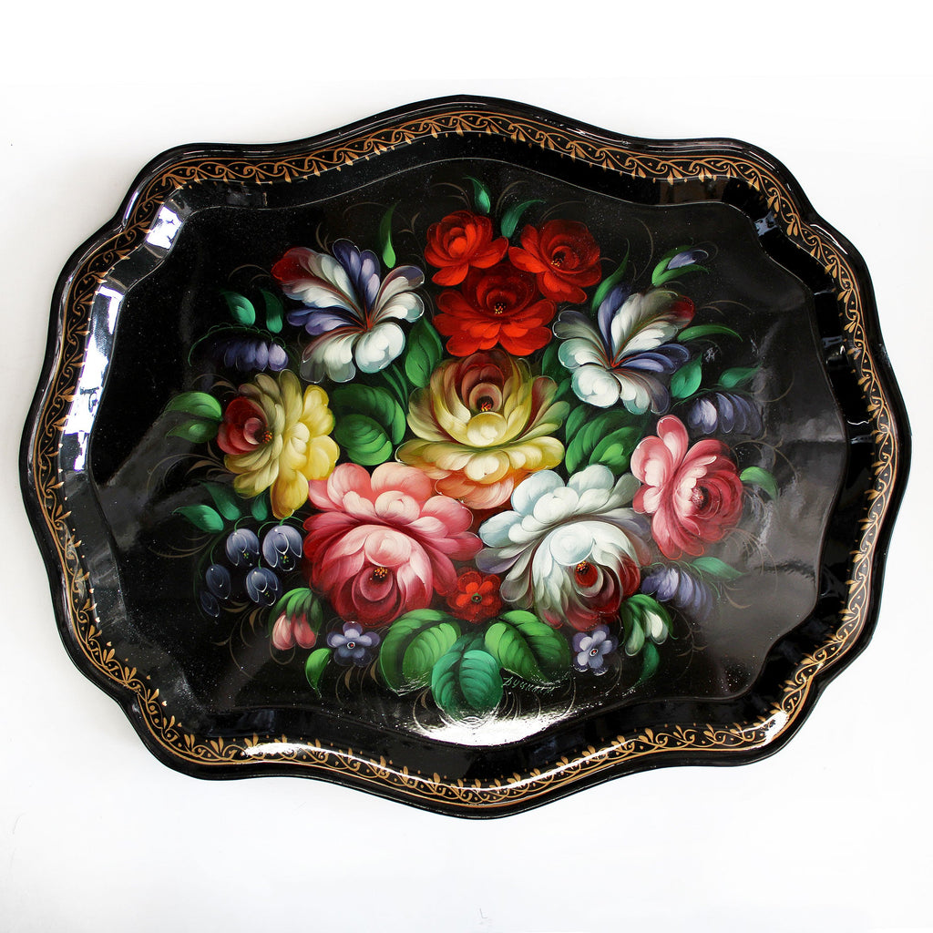 Authentic Zhostovo Floral Hand-Painted Black Metal Tray One-of-a-Kind Work of Art by G. Debrekht 18 x 14 Kitchenware Gift Decoration Functional Kitchenware Table and Unique Wall Decor