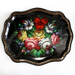 Authentic Zhostovo Floral Hand-Painted Black Metal Tray One-of-a-Kind Work of Art by G. Debrekht 18 x 14 Kitchenware Gift Decoration Functional Kitchenware Table and Unique Wall Decor