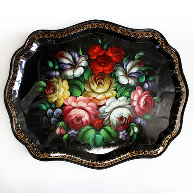 Authentic Zhostovo Floral Hand-Painted Black Metal Tray One-of-a-Kind Work of Art by G. Debrekht 18 x 14 Kitchenware Gift Decoration Functional Kitchenware Table and Unique Wall Decor