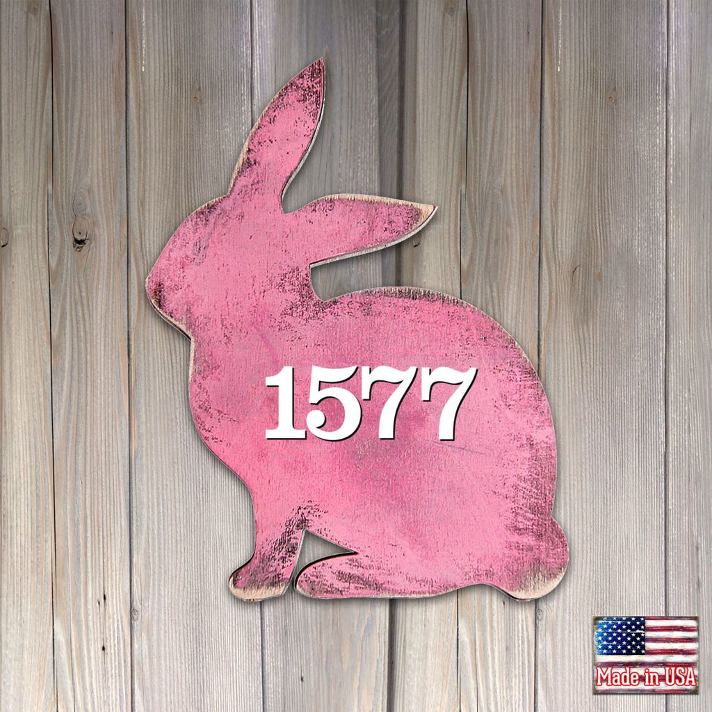 Pink Bunny Wooden Custom House Number Sign by G. DeBrekht - Easter Spring Decor - Handcrafted Wooden Handcrafted Wooden Handcrafted Wooden Address Sign - MA981341