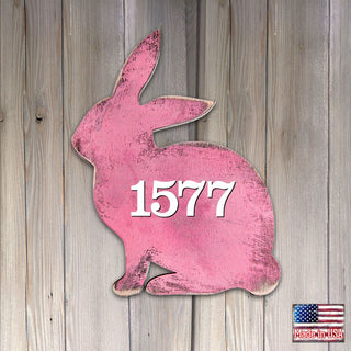 Pink Bunny Wooden Custom House Number Sign by G. DeBrekht - Easter Spring Decor - Handcrafted Wooden Handcrafted Wooden Handcrafted Wooden Address Sign - MA981341