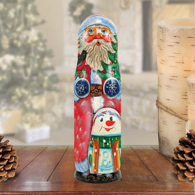 Santa with Snowman Hand-Painted Wooden Bottle Holder, Wine Box, Tall Gift Box by G. DeBrekht - Christmas: Santa Snowman Decor - 1905142