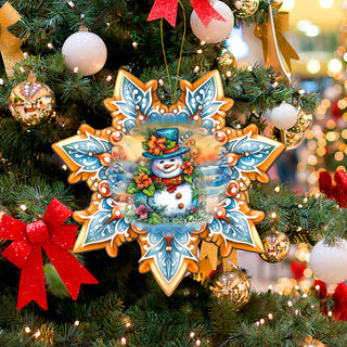 a christmas tree decorated with a snowman ornament
