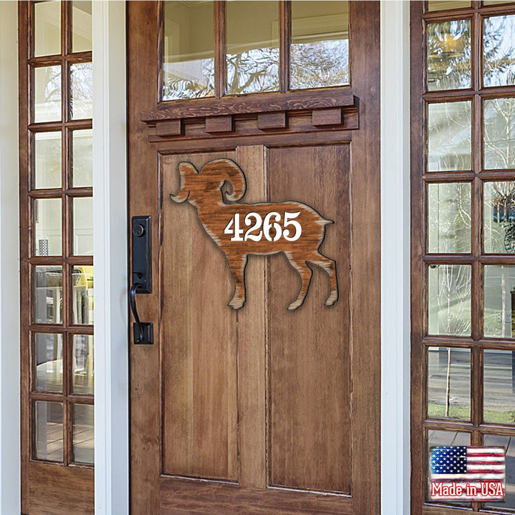 Ram Wooden Custom House Number Sign by G. DeBrekht - Nature Wildlife Decor - Handcrafted Wooden Handcrafted Wooden Handcrafted Wooden Address Sign - MA8198228