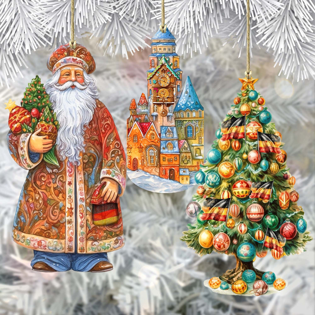 Santas Around the World - German Inspired Santa - Eco Wood Ornaments Set of 3 by G. DeBrekht Christmas Santa Snowman Decor - 8091304S3
