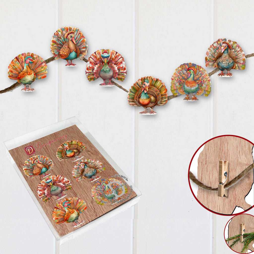Turkey Clip-On Eco Wood Decorative Ornaments Set of 6 by G. Debrekht - Thanksgiving Decor - 8090027C-S6