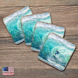 Surfer Coastal Wooden Cork Coasters Gift Set of 4 by Nature Wonders - Coastal Sea-Life Decor - 95227C-S4