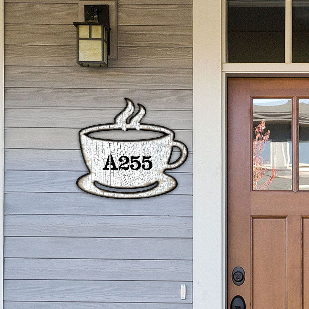 Tea Cup Wooden Custom House Number Sign by G. DeBrekht - Love Family Kids Decor - Handcrafted Wooden Handcrafted Wooden Handcrafted Wooden Address Sign - MA98438