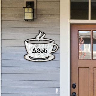 Tea Cup Wooden Custom House Number Sign by G. DeBrekht - Love Family Kids Decor - Handcrafted Wooden Handcrafted Wooden Handcrafted Wooden Address Sign - MA98438