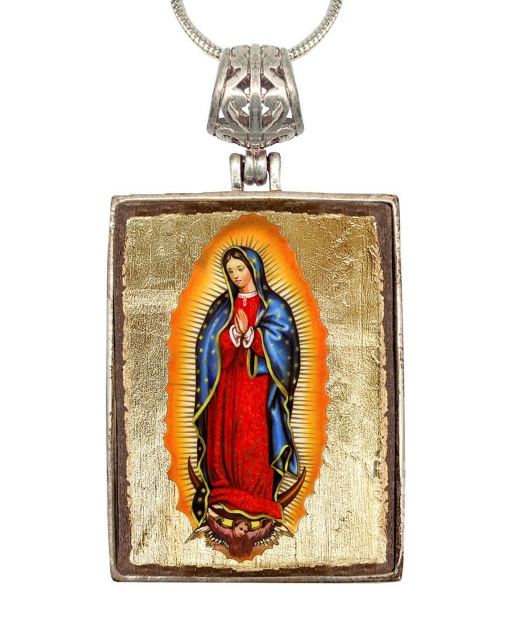 A pendant featuring a religious image of the Virgin Mary, with a golden background and a radiant aura surrounding her.