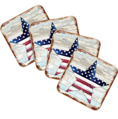 four square coasters with a design featuring a star and stripes pattern, resembling the American flag.