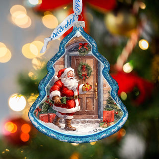 Santa Knocking at the Door Tree Glass Ornament by G. Debrekht - Christmas Santa Snowman Decor - 762-030
