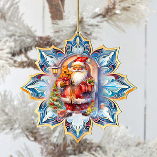 Santa with Gifts Snowflake Large Wooden Ornament by G. Debrekht - Christmas Santa Snowman Decor - 8688421M