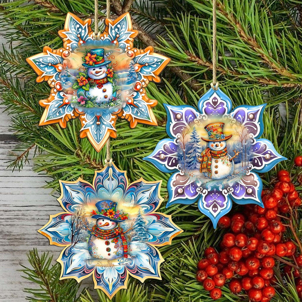 Happy Snowman Snowflake Eco Wood Ornaments Set of 3 by G. Debrekht - Christmas Decor - 8090149-S3