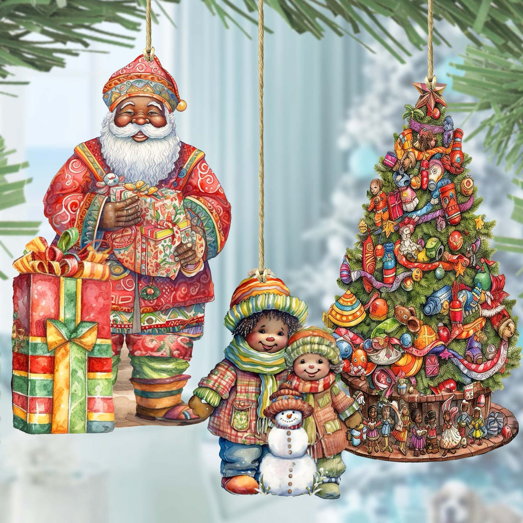 Santas Around the World - African-American Inspired Santa - Eco Wood Ornaments Set of 3 by G. DeBrekht Christmas Santa Snowman Decor - 8091310S3