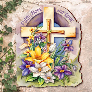 Faith, Hope, and Love Wooden Cross by G. Debrekht - Easter Spring Decor - 88160