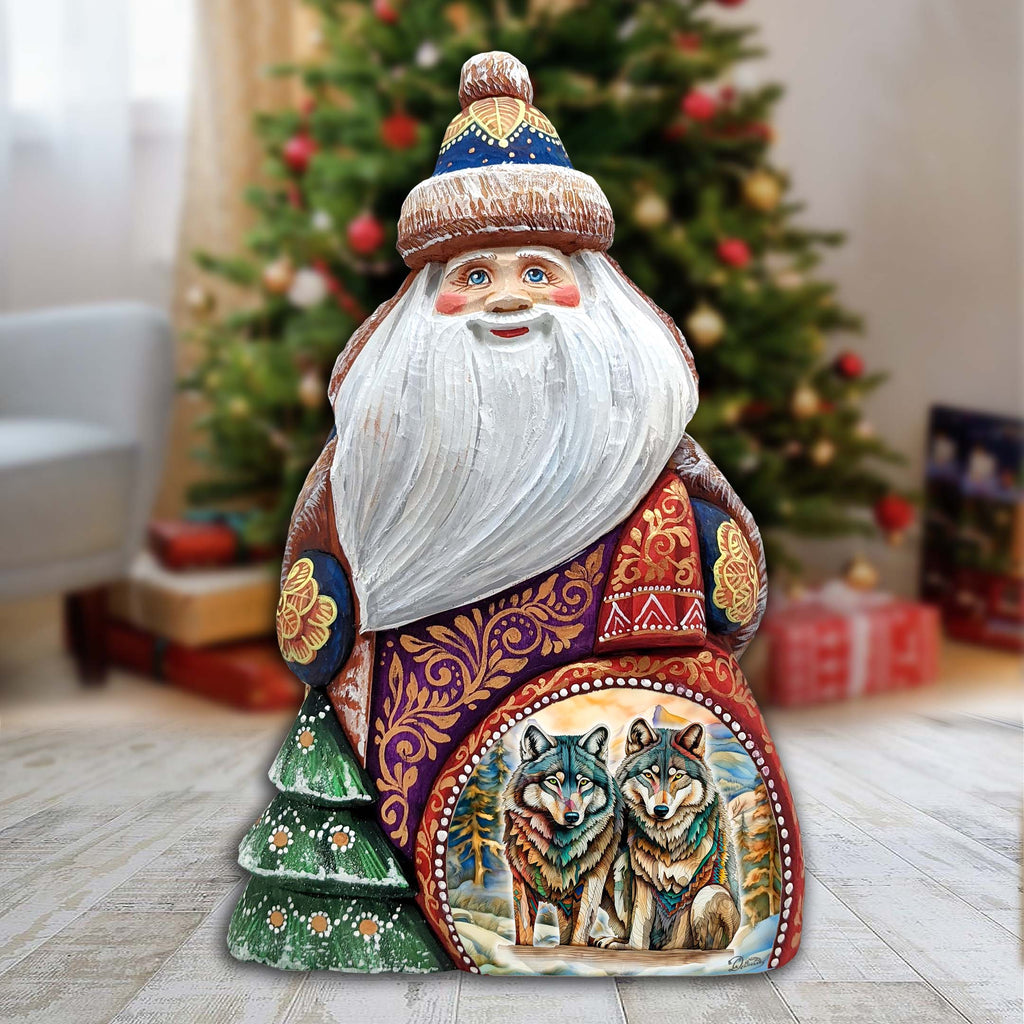 Enigmatic Wolves Santa Hand-Painted WOODCARVED Masterpiece Figurine by G. DeBrekht - Christmas Decor - 8206025