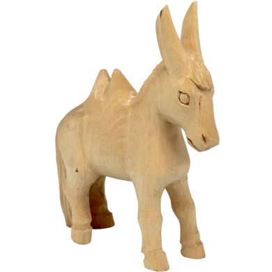 A wooden donkey figurine is shown in the image.