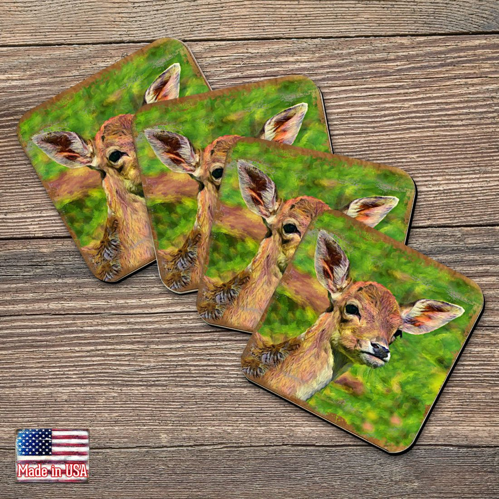 Deer Face Wooden Cork Coasters Gift Set of 4 by Nature Wonders - Nature Wildlife Decor - 95288C-S4