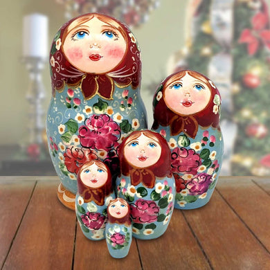 Grey Floral Matreshka Nesting Hand-Painted Dolls Set of 5 by G. DeBrekht - Christmas Decor - 140140-4