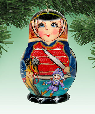 A colorful ornament featuring a doll with a red and blue dress, a horse, and a small girl, all set against a green background.
