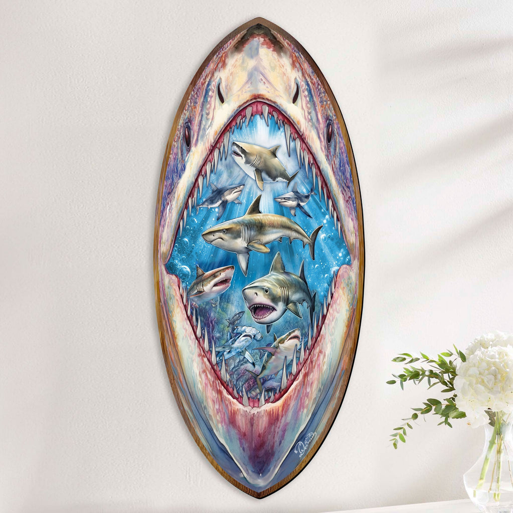Shark Pull Coastal Surfboard Wall Art Handcrafted Ocean Decor by G. DeBrekht - Coastal Holiday Decor - 8490138HS