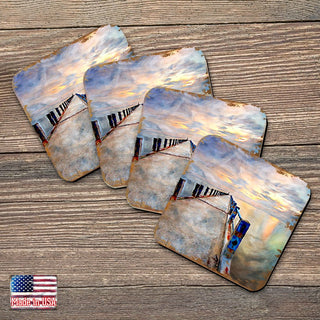 Pier Coastal Wooden Cork Coasters Gift Set of 4 by Nature Wonders - Coastal Sea-Life Decor - 95273C-S4
